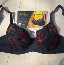 Charger l&#39;image dans la galerie, Soutien Gorge Emboitant CORELE Dentelle Noir Motif Rouge
