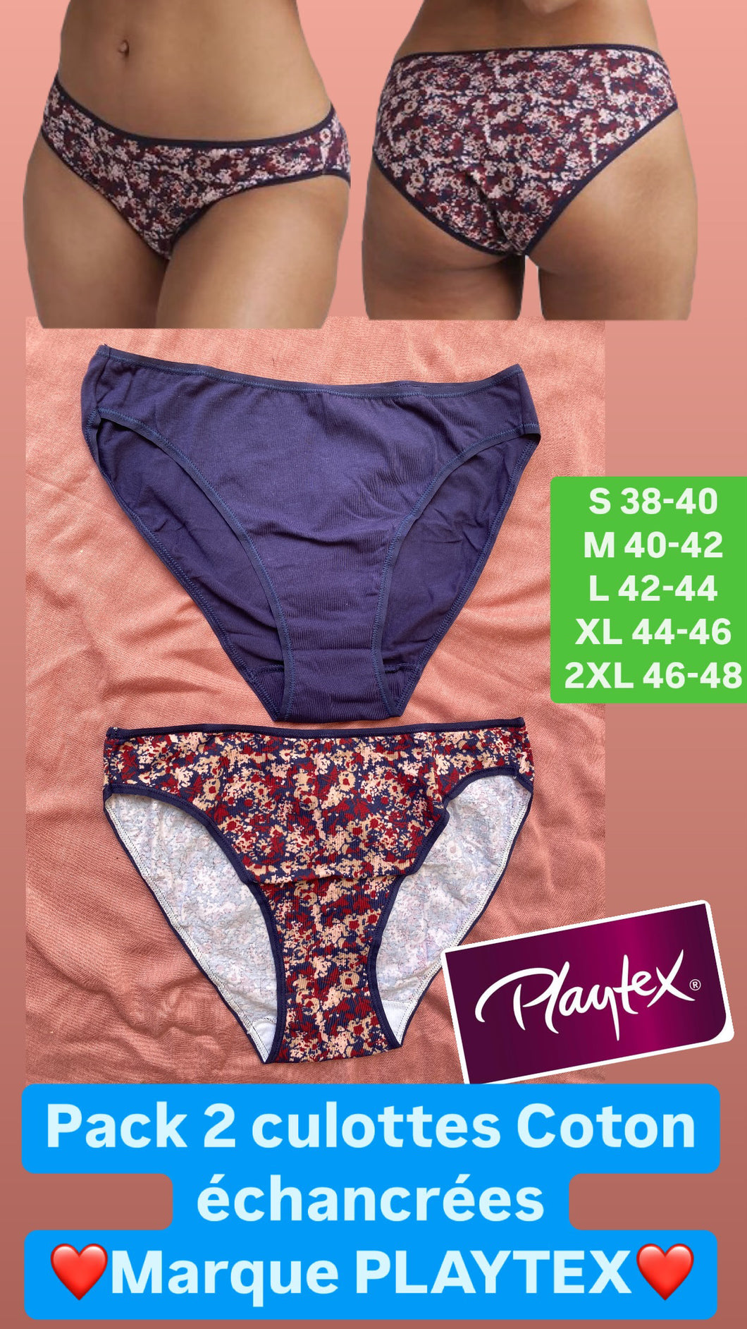 Pack de 2 Culottes Coton échancrées PLAYTEX (Imprimé printanier et marine)